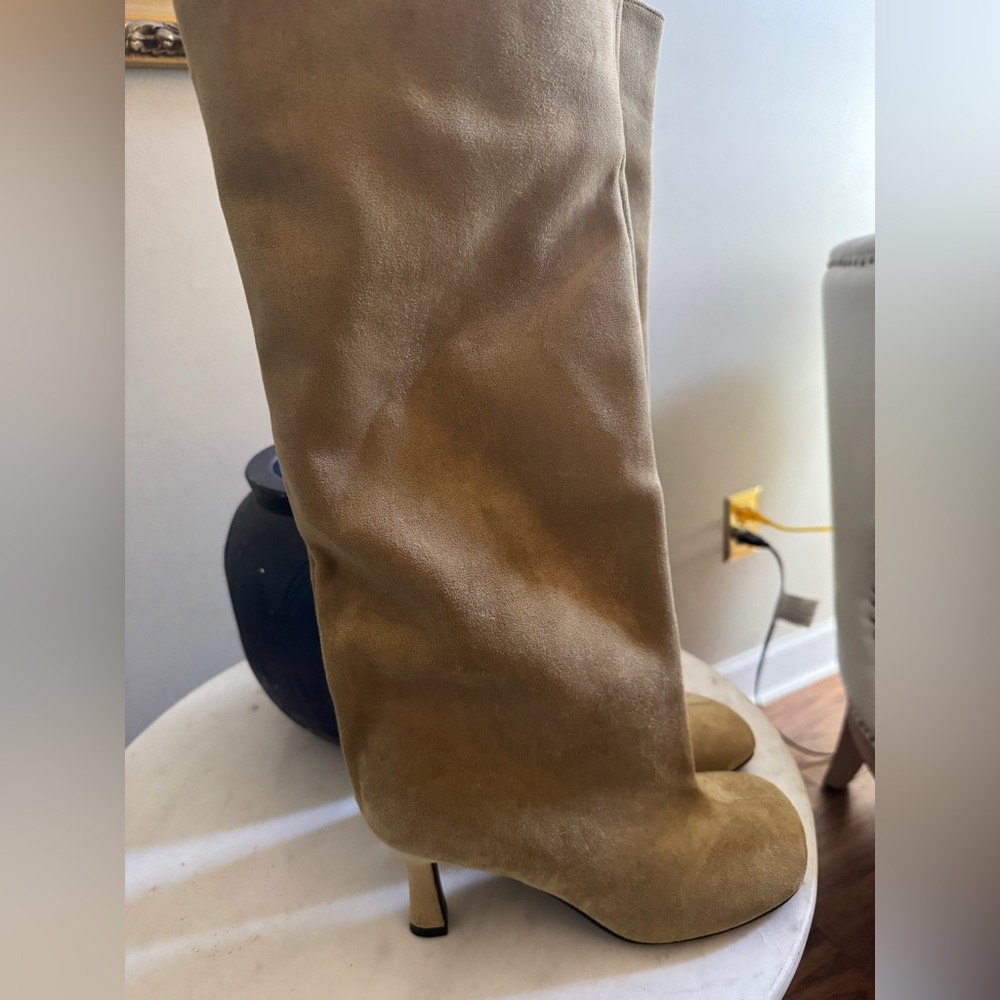 Women's Knee High Faux Suede Boots Wide Calf Square Toe, Pull On & Slouchy.